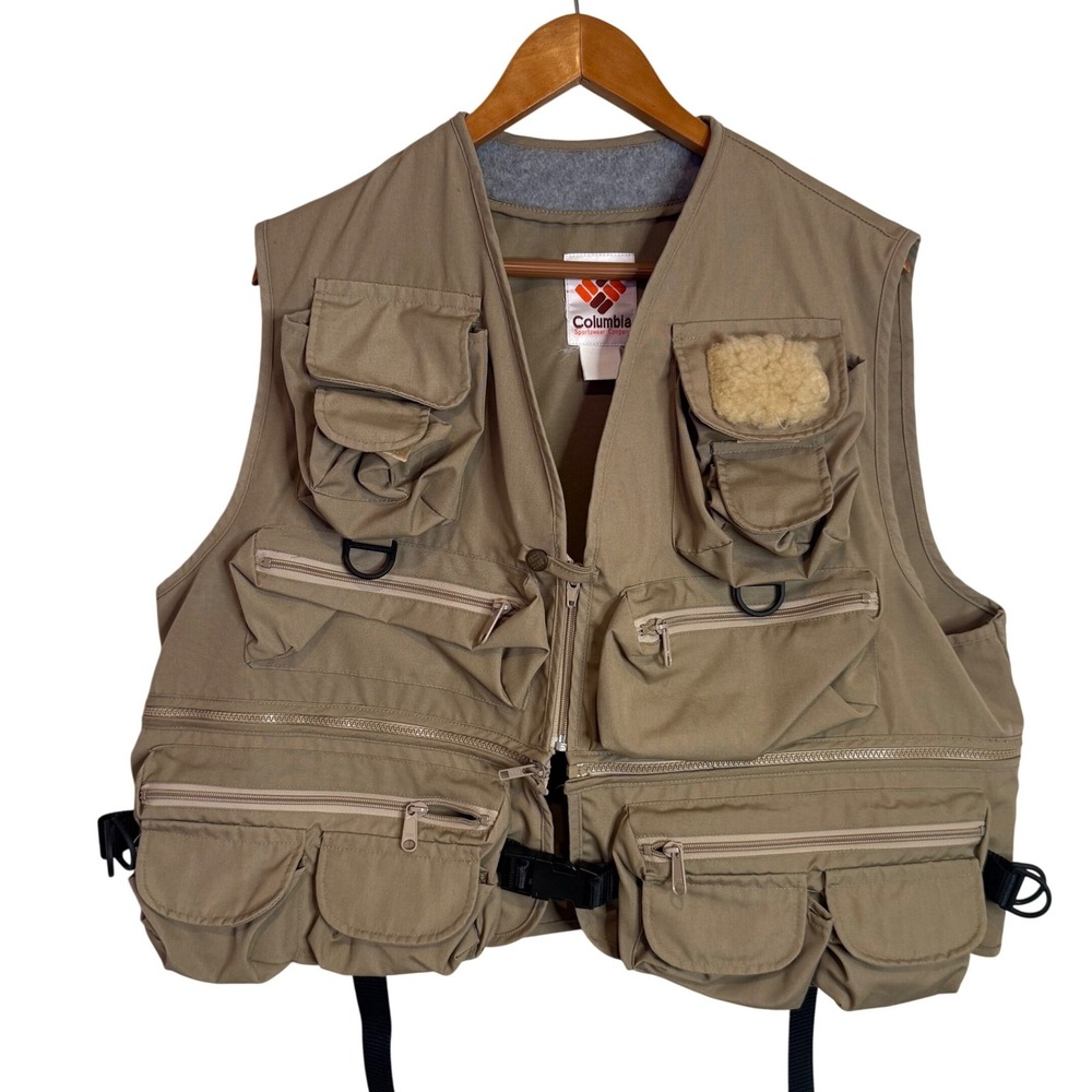 Vintage Columbia Fly Fishing Vest Mens L XL Multi Pocket Utility Fly Patch